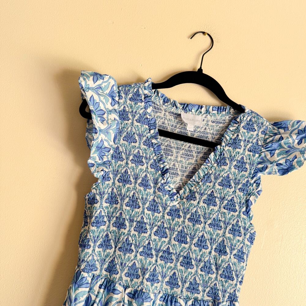 Sugar Lips Blue + White Geo Sunfire Elyse Tiered Cap Sleeve Midi Dress Medium - Picture 4 of 12